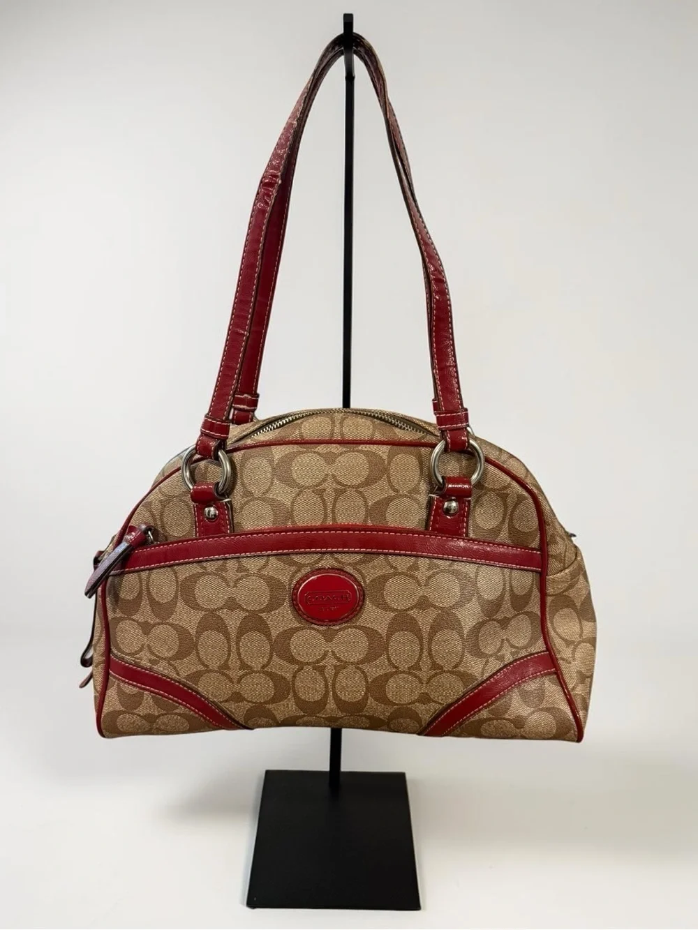 COACH Peyton Signature Satchel Khaki Burgundy Canvas Leather Shoulder Bag F18918